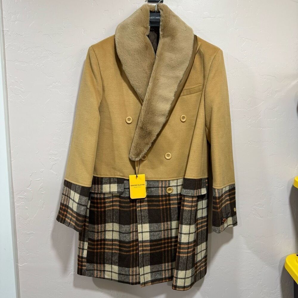 Alberto Natdoni Mens Plaid Overcoat - Wool Peacoat - Plaid Topcoats Tan